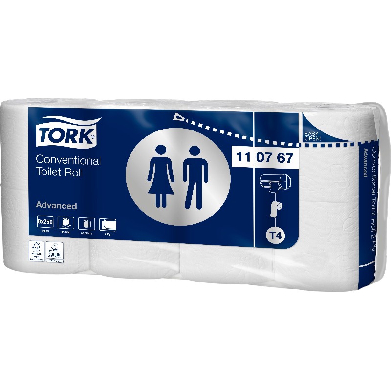 110767 - Tork® Traditioneel toiletpapier - 2-laags - Gerecycled wit - 250 coupons - T4 - Verpakking van 8 x 8 rollen
